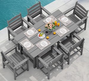 Dwoo grigio moderno 7 pezzi all'aperto Patio tavolo da pranzo Set per <span class=keywords><strong>tutte</strong></span> <span class=keywords><strong>le</strong></span> stagioni impermeabile Hotel ristorante tavolo Set sedie - Product Image 1