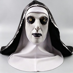 Máscara de látex de monja sinistra al por mayor con capucha de tela cosida, rostro pálido como de fantasma, ojos oscuros manchados, accesorio de cosplay para Halloween - Product Image 1