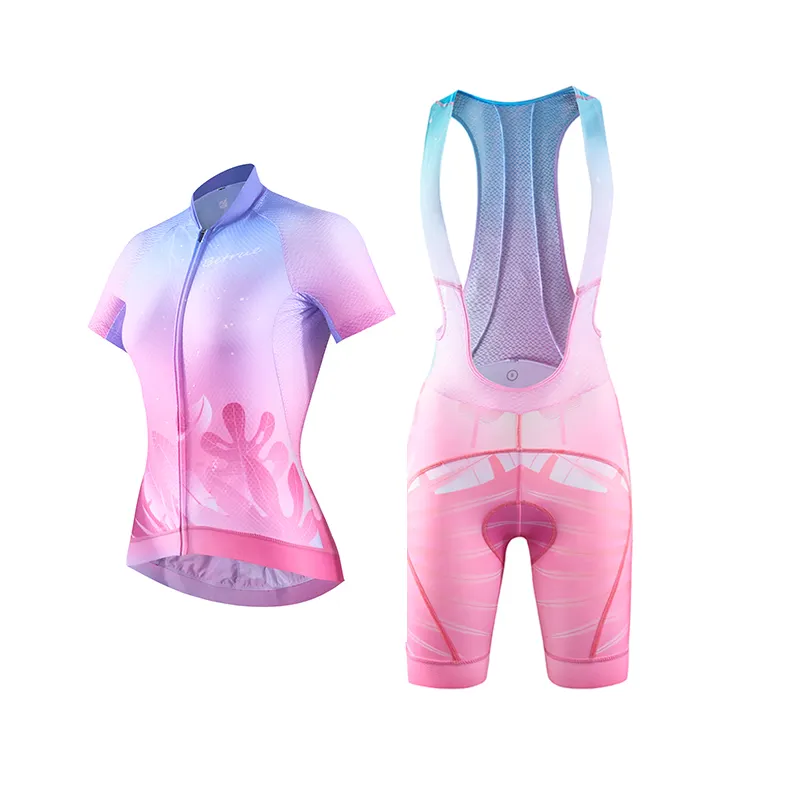 Conjunto de pantalones cortos acolchados de ciclismo profesional para mujer, camisa con estampado de sublimación de poliéster