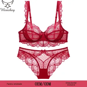 Ultra dünnes französisches Spitzen-BH-Set für Damen Low-Rise Wire-Free Anti-Sagging Lift Große Büste Minimizer Sexy Solid Breath able <span class=keywords><strong>Bikini</strong></span> - Product Image 2
