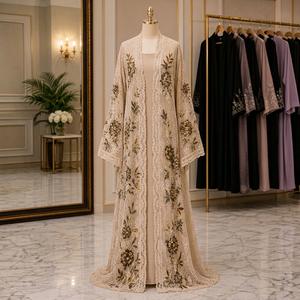 Ensemble Abaya Salwar Kameez beige brodé en dentelle pour femmes musulmanes, robe formelle florale transparente pour occasions de prière - Product Image 1