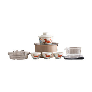 ชุดน้ำชาพกพาสำหรับเดินทาง ลายม้า ปีนักษัตร เหมาะสำหรับใช้ในรถยนต์ ชามมีฝาปิด ถ้วยชาเซรามิก ถ้วยสำหรับแขก ชุดกาน้ำชาหนึ่งใบ ถ้วยสามใบ - Product Image 5