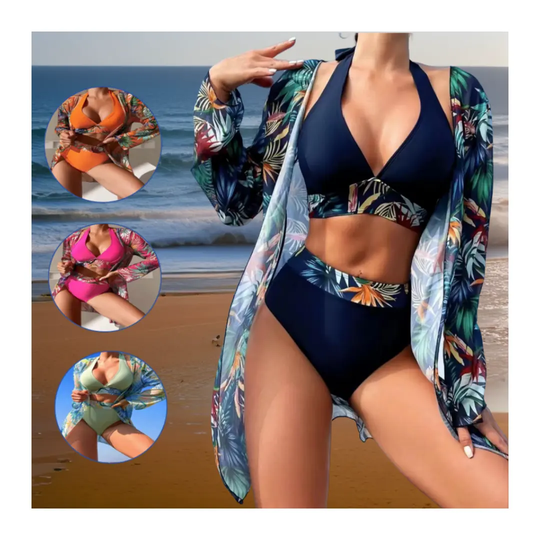 Swimsuit 2024 Best Wholesale Sexy Bikini Three Piece Set Cover Up Split Printed Swimwear Beachwear for women Sexy Lingerie