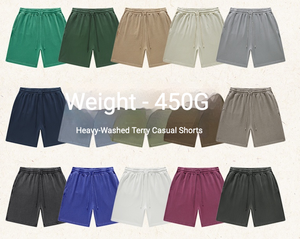 Pantalones Cortos Casuales de Felpa 100% Algodón para Hombre, Lavado Intenso, 450G, Color Sólido, Cintura Elástica con Cordón, Bermuda Transpirable de Punto - Product Image 1