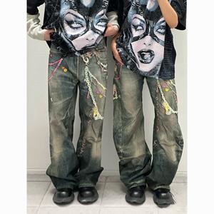 Jeans de mezclilla lavados con cuentas decorativas de cadena para hombres y mujeres - Product Image 6