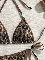 Ensemble bikini triangle imprimé léopard à sequins 2026 avec perles turquoise, maillot de bain deux pièces à nouer sur le côté pour femme, tenue de plage