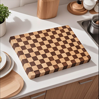 Produit Tendance 2026 : Planche à découper rectangulaire en bois d'acacia à motif damier, grande, avec rainures et poignées