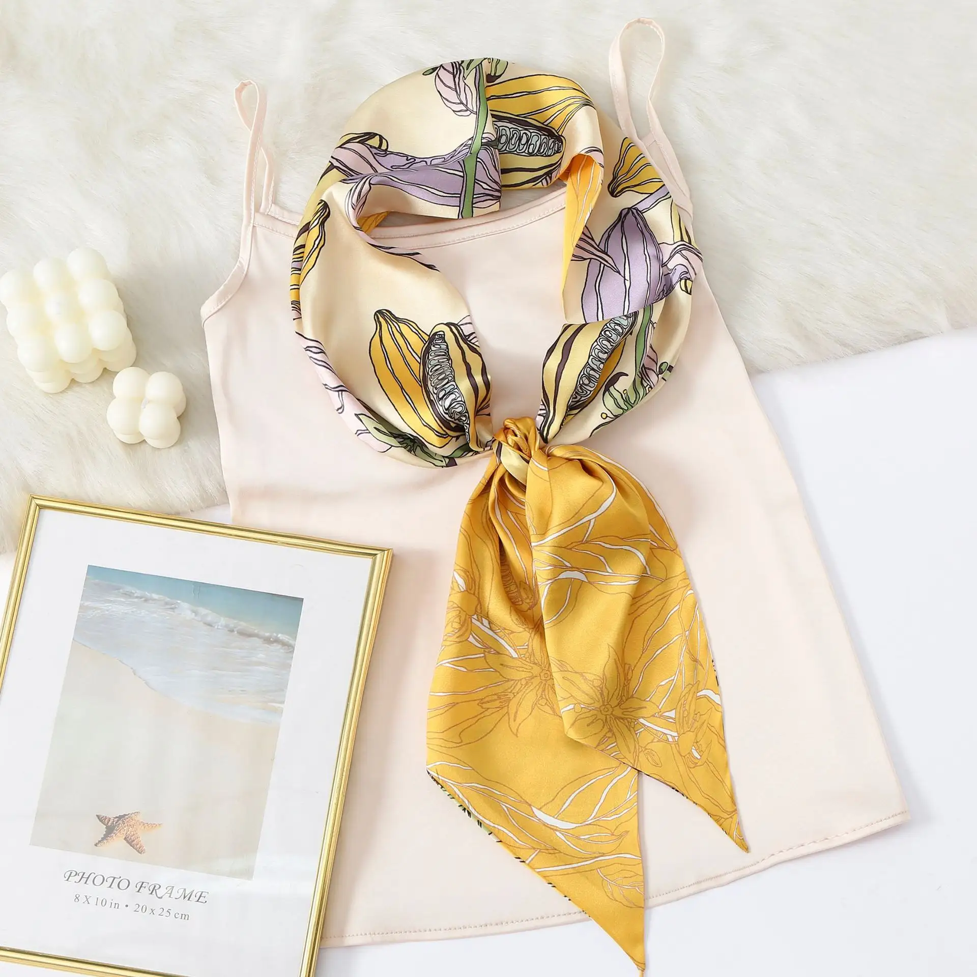French Flower Printing Twill Scarf Silk 14*150 Silk Scarves for Bag Charm Silk Scarf for Women Custom
