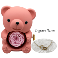Boîte à bijoux classique en forme d'ours rotatif avec rose, collier gravé double cercle - Cadeau de Noël et de la Saint-Valentin
