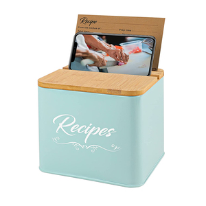 Rectangular Shape Bamboo Lid Metal Recipe Box Cards Tin Box With Divider Tabs