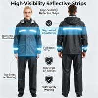 Combinaison de pluie moto imperméable en PVC deux pièces avec poches rabattables, col zippé et capuche amovible, réfléchissante multi-positions