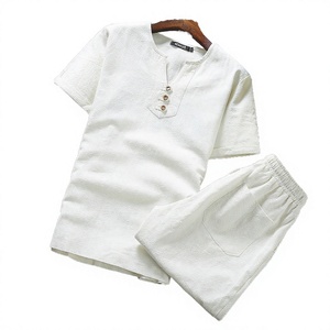 T-shirt d'été pour homme en lin/coton, décontracté, uni, à manches courtes, imprimé sérigraphié, style short - Product Image 2