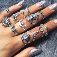 Aksesoris Fashion Terbaru Set Cincin 14 Buah Motif Langit, Tetesan Air, Bunga, dan Matahari