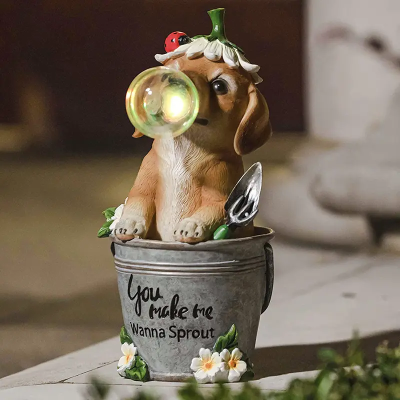 Globe Pencahayaan Patung Anjing Resin Anjing Anak Anjing Meniup Gelembung Energi Surya Figurine Pencahayaan untuk Teras Rumput Dekorasi Taman Ornamen