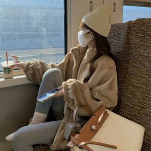 Fleece Jacket Women Winter Thick Loose Fit Zip-Up Hooded Coat Khaki Off-White Full Sleeve Cotton Filling - Product Image 3