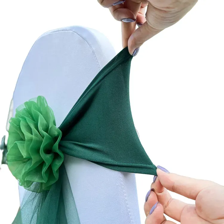 Low price Green gold wedding chair sashes wedding event chair bow and spandex stretch chiffon organza flower chair sashes