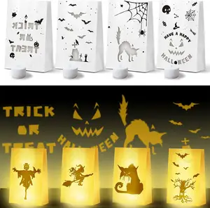 灯笼灯具纸袋4种不同风格的16件纸蜡烛袋，带发光二极管茶灯，万圣节派对装饰