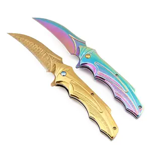 Bright Rainbow and Blue Rescue Knife Engraved Coated pvd Titanium Fade Pocket Knife Ti-Coated Slim Carbon Sharp Blade for Outdo