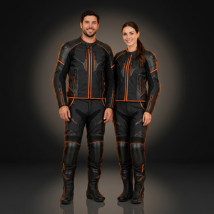 Combinaison de moto en cuir noir et orange unisexe, veste et pantalon coupe-vent, ensemble de protection pour la conduite - Product Image 1