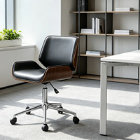 Chaise de bureau moderne en bois courbé noyer, revêtement en cuir PU noir, hauteur réglable, pivotante, pour bureau à domicile et travail sur ordinateur