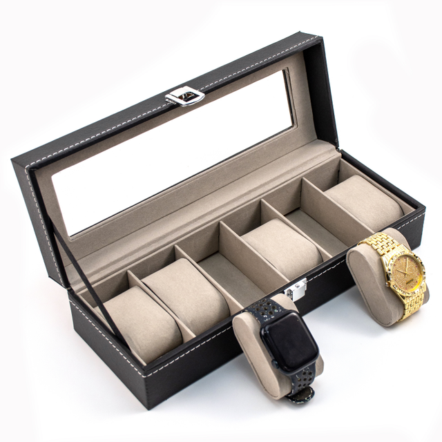 6 Slots Large Capacity Black PU Leather Gift Luxury Watch Display Box Window Watch Storage Case for Men