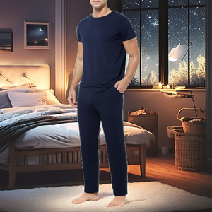 Conjunto de Pijama de Dos Piezas para Hombre, Cuello de Punto, Manga Larga, Transpirable, Estilo Coreano, Informal, Cuello Alto, Algodón, Sencillo, para el Hogar - Product Image 2