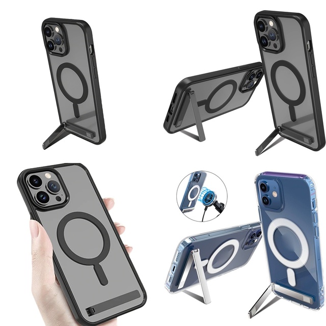 Magnetic Clear Shockproof Phone Case with Holder for iPhone 11 12 13 14 15 16 Pro Max 17 Air Plus, Protective Electronic Goods