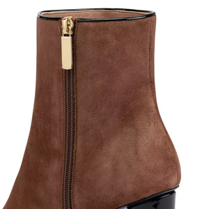 Handmade Women's High <b>Round</b> Chunky <b>Heels</b> Shoes Suede Patchwork Ankle Boots Side Zipper Square <b>Toe</b> Short Boots - Product Image 6