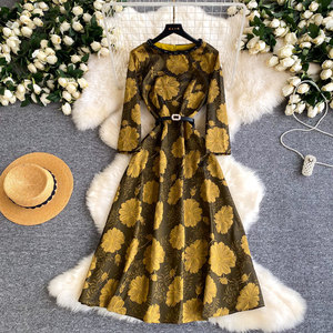 Abiti da Donna per Ufficio, <span class=keywords><strong>Vestito</strong></span> <span class=keywords><strong>Rosso</strong></span> Floreale con Cristalli, Linea A, <span class=keywords><strong>Maniche</strong></span> <span class=keywords><strong>Lunghe</strong></span>, Cintura, Elegante e Aderente, Primaverile - Product Image 1