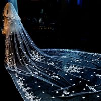 Feishiluo Luxury3D Fleur Appliques Bord De Mariage Voiles De Mariée Deux Couches Tulle Cathédrale Visage Voile Avec Peigne 3.5m De Long