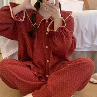 Femmes printemps automne nouveau pyjama Version coréenne doux poupée col à pois taille élastique à manches longues solide tricoté pur coton