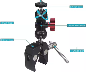 Bras articulé 360° en aluminium avec vis 1/4 et pince Super Crab pour montage de caméra Canon Nikon DSLR GoPro Hero DJI Osmo Insta360 - Product Image 2