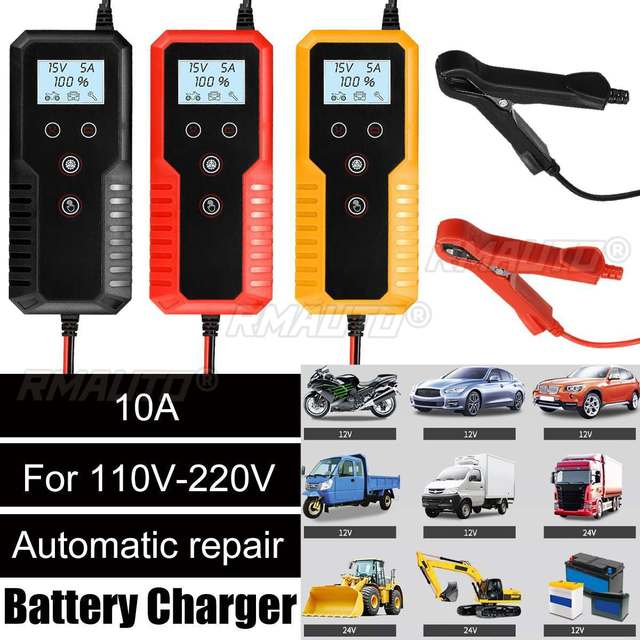 12V/24V 10A Intelligent Car Motorcycle Battery Charger for Auto Moto Automatic Repair Battery Smart Charging Digital LCD Display