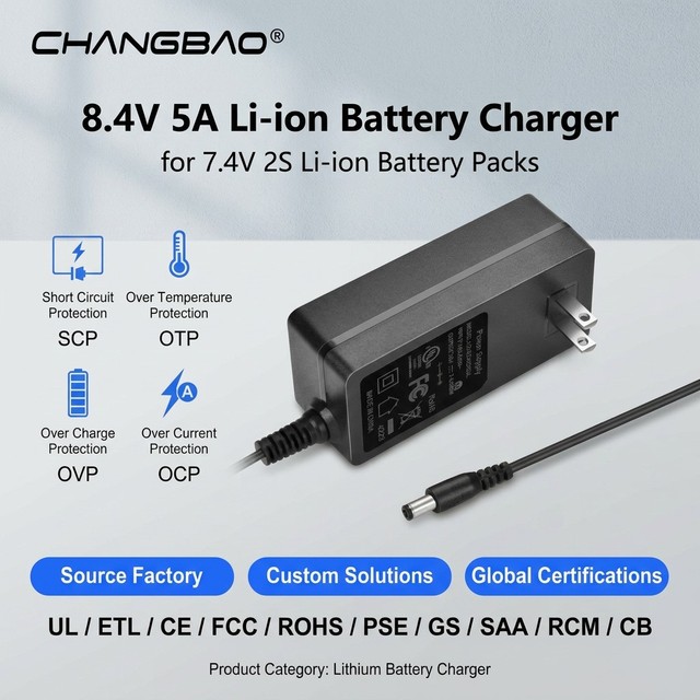 8.4V 5A Lithium Battery Packs Charger Universal Plug Power Supply for 2S 7.4V Li Ion Battery Pack 8.4V Li-ion Battery Charger
