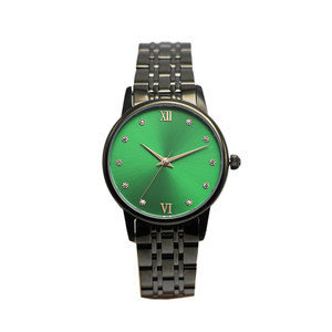 Montre pour <span class=keywords><strong>femme</strong></span> fabriquée en Chine, acier inoxydable noir, cadran vert soleil, montre-bracelet décontractée, vente en gros - Product Image 1