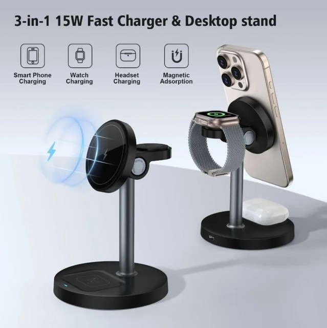 Factory Price 3 in 1 Table Fast Wireless Charger Foldable Magnetic 15W Wireless Charger Stand Holder for Phone