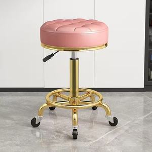 Gold Frame Barber <b>Stool</b> Hydraulic Rolling Salon Chair Adjustable Tufted <b>Seat</b> Metal Pedicure Studio Furniture - Product Image 5