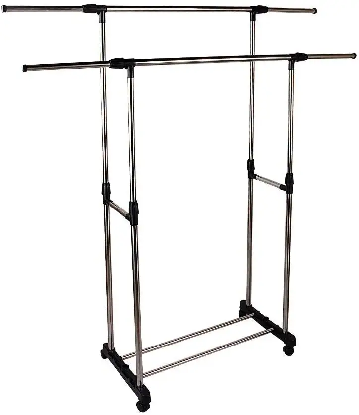 Double Layer Portable Clothes Hanging Rack with Shoe Racks and Rotary Wheels