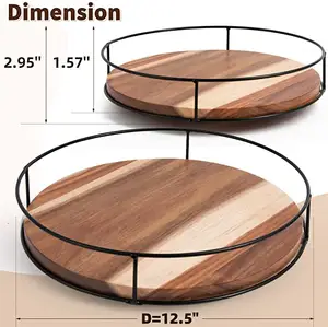 12.5" Acacia Wood Lazy Susan Turntable Kitchen Organizer Turntable With Steel Sides 360 Degree Turntable Countertop Cabinet