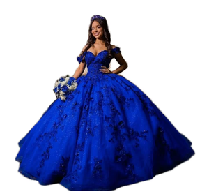 Robe de bal élégante bleu marine pour Quinceañera, personnalisée, avec épaules dénudées, longueur ras du sol, en tissu naturel véritable - Product Image 6