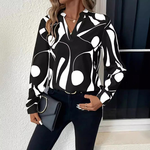 Novedad para Europa y América: Blusa holgada con estampado geométrico y cuello vuelto para <span class=keywords><strong>mujer</strong></span>, ideal para comercio transfronterizo, anti-bolitas. - Product Image 4