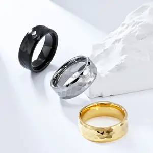 Custom Black Silver Gold Multi-faceted Harmmered Tungsten Steel Wedding Band Rings Man