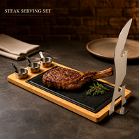 Ensemble de service pour steak Tomahawk CosBao, base en bambou avec plaque en pierre de lave noire et bols à sauce