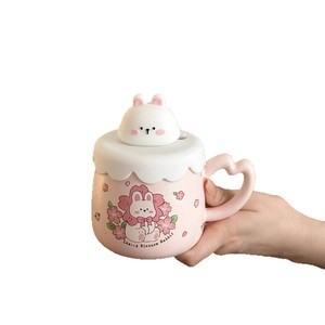 Cherry Blossom Rabbit <b>Ceramic</b> <b>Mug</b> With Lid And Straw Pink Blue Cartoon Design For Coffee Milk Breakfast Gift - Product Image 4