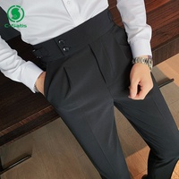 Celana panjang pinggang tinggi ringan untuk pria, celana panjang pas badan, lurus longgar, bebas besi, ringan, gesper, pinggang tinggi, dengan kancing, celana untuk pria