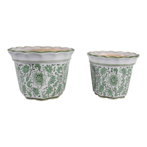 Vasi in ceramica con bordo smerlato, design floreale verde per esposizione di piante da interno ed esterno - Product Image 3