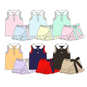 Haut sans manches en coton uni confortable et personnalisé, jupe-short à volants, tenues d'été pour filles, vêtements de sport pour sœurs, vente en gros - Product Image 2
