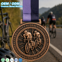 Médaille personnalisée ronde en bronze antique, en alliage de zinc, avec gaufrage 3D, pour la course de vélo d'endurance, souvenir, médaille de fin de course cycliste 100KM