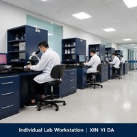 Banc de laboratoire contemporain tout acier, bleu foncé, avec porte de placard et 2 tiroirs, pour hôpital, école, atelier, surface époxy