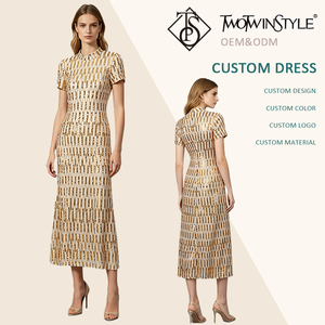 Abito <span class=keywords><strong>Midi</strong></span> Lusso Oro con Paillettes <span class=keywords><strong>da</strong></span> Donna, Collo Alto, Maniche Corte, Vestito Aderente Slim Fit per <span class=keywords><strong>Cerimonia</strong></span>, Matrimonio, Orafo, Festa Serale - Ingrosso - Product Image 1